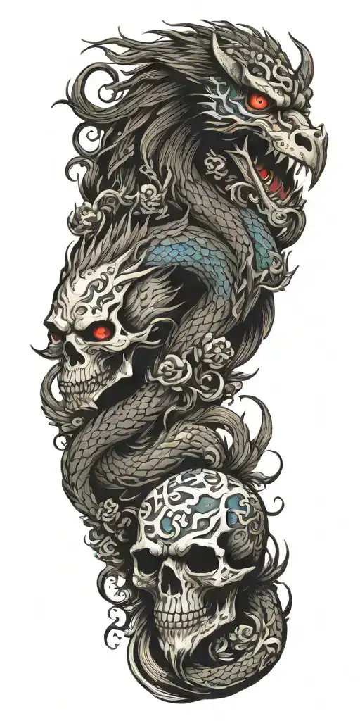 Chinese Dragon with Phoenix and Skull - Asian inspired tattoo idea